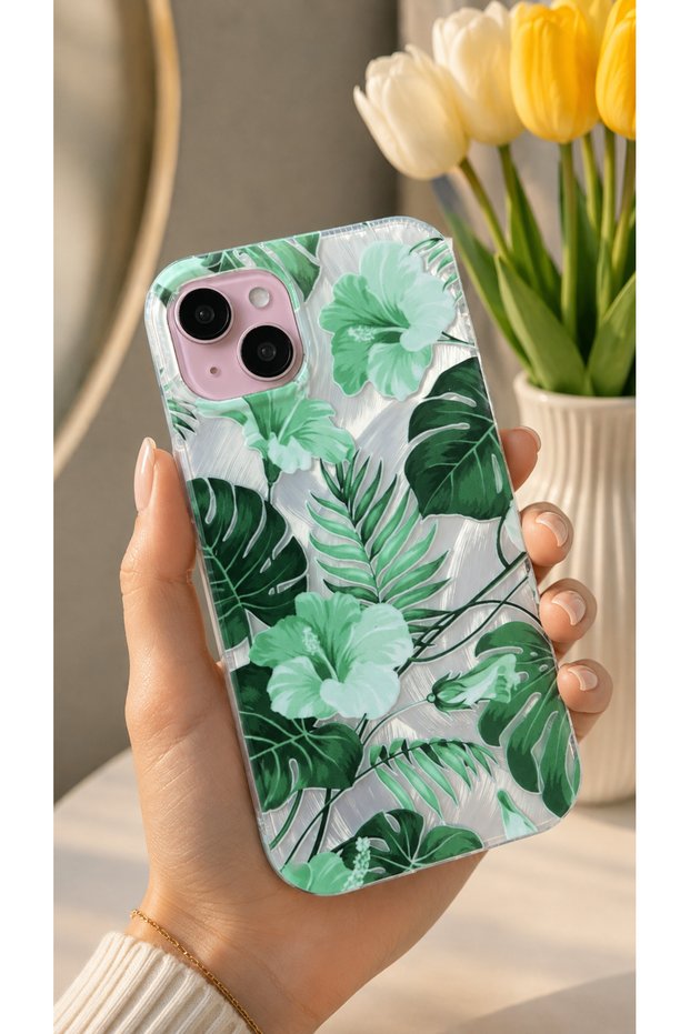 Compatible with iPhone 15 Plus & 14 Plus - Aura Feather (Silver), Patterned Protective Case with Transparent Shiny Sides