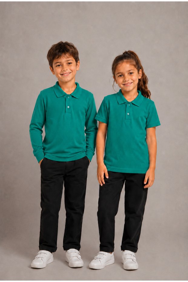 Children's Unisex Set of 2 Cotton Polo Collar Buttoned T-Shirts - Both Long and Short Sleeve School and Casual Wear Comfortable Fit Basic T-Shirt