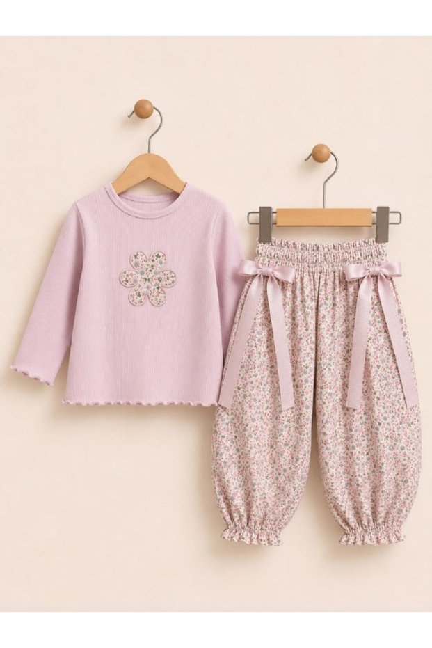 Ki̇ds Floral Embroidered Blouse and Bow Detailed Shalwar Set, 2-Piece Seasonal 100% Cotton Set