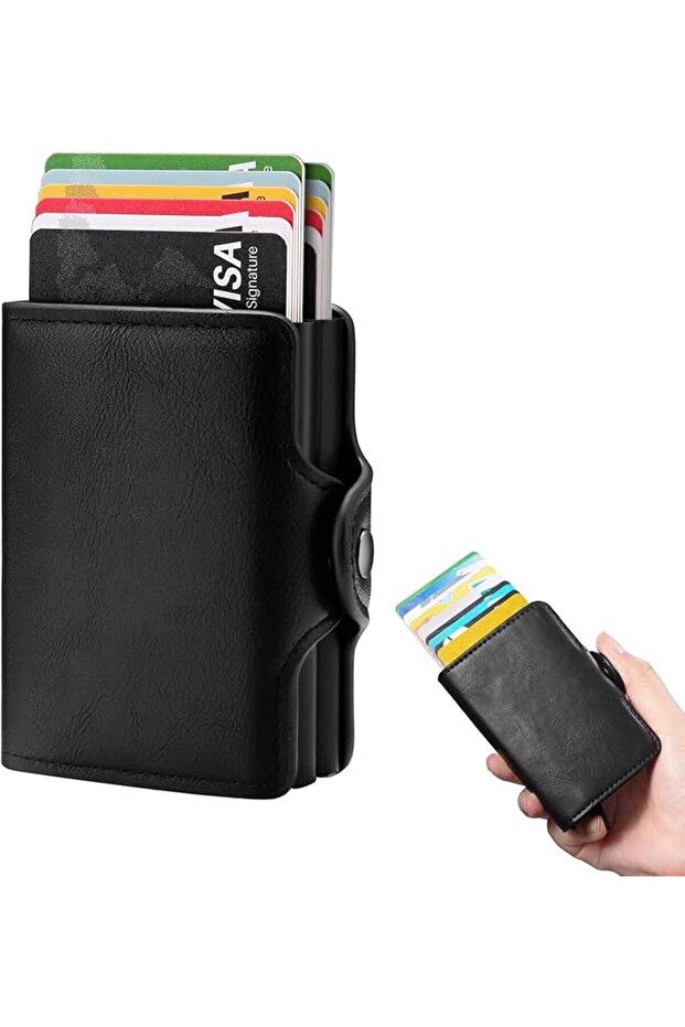 محفظة للرجال، محفظة أوتوماتيكية قابلة للطي مع تقنية RFID، حافظة بطاقات جلدية نحيفة أمامية