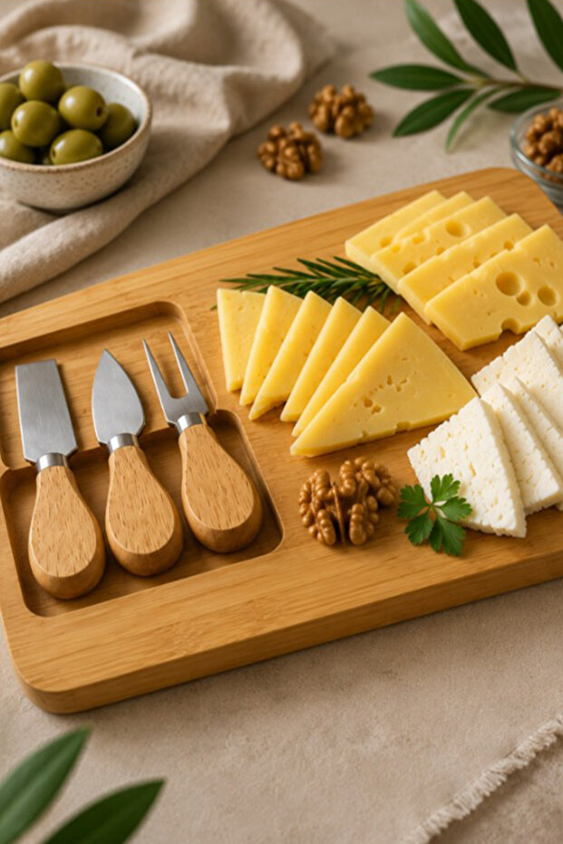 Bamboo Cheese Presentation Board 4-Piece Set with Knife Set Natural Bamboo Charcuterie, Fruit, and Breakfast Serving Board