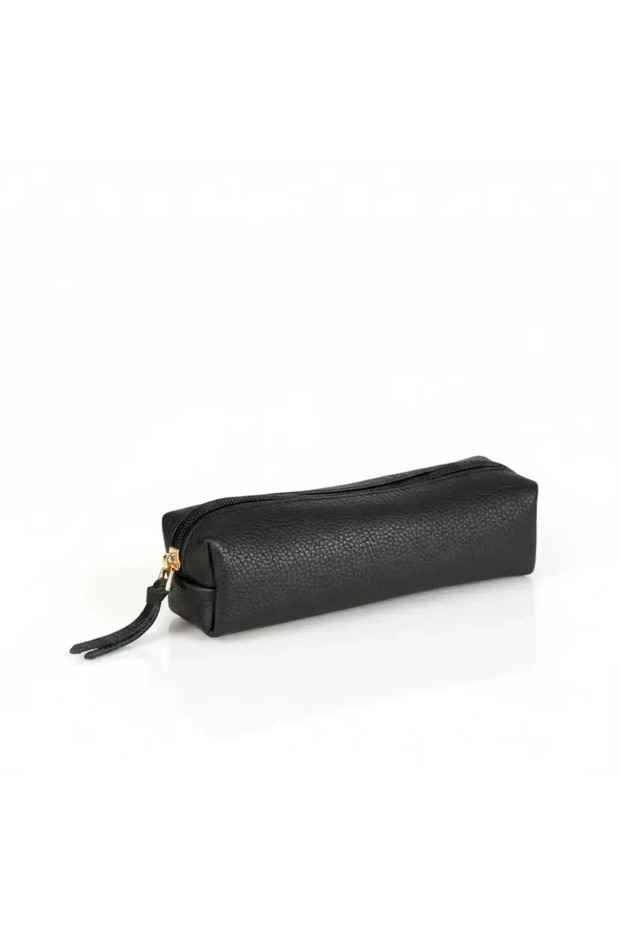 Real Leather Pencil Case, Handmade Zippered Case, Textured Black