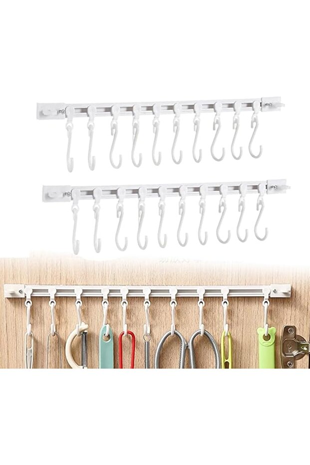 Multifunctional Sliding Rail Hook Rack for Kitchen Utensils - 10 Hooks Wall-Mounted Space Saving Org