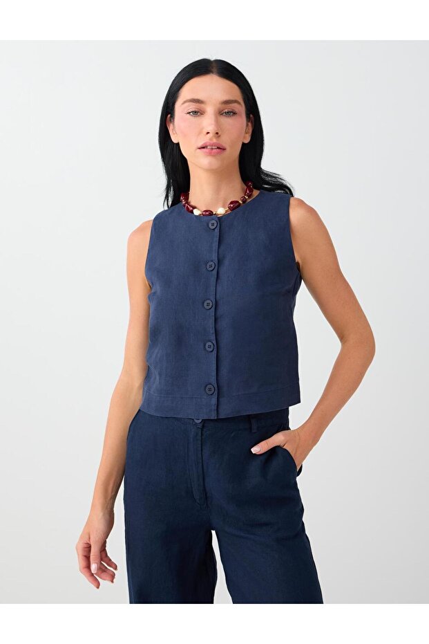 Navy Blue 100% Linen Slim Fit Woven Vest