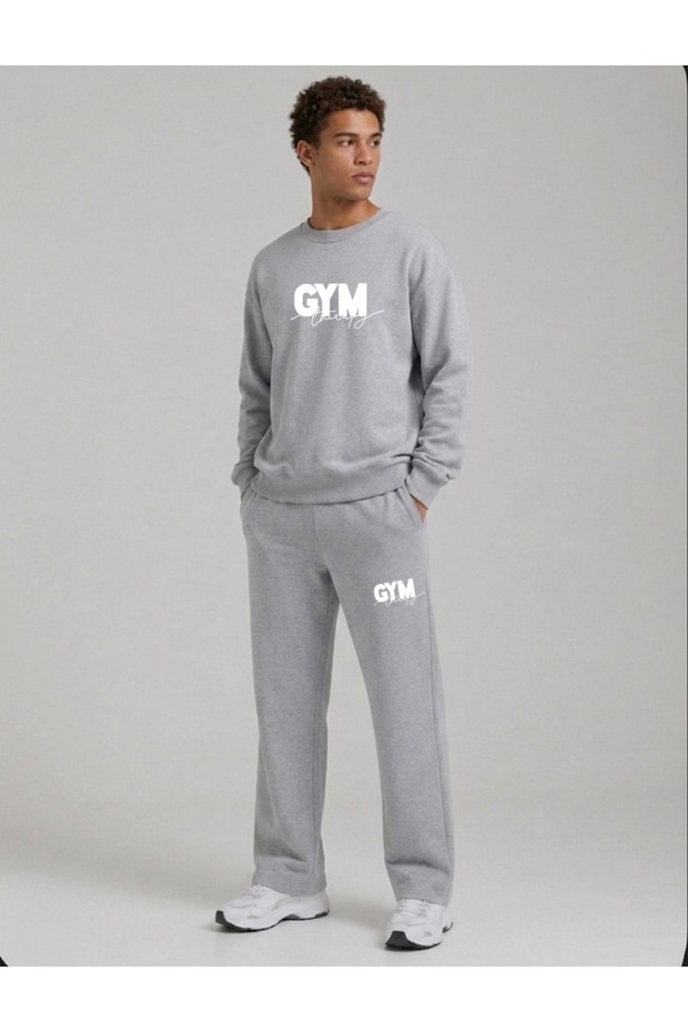 Gym Printed Men's Tube-Cut Crewneck Bottom/Upper Track Suit Set