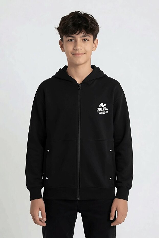 Black Boy's Cardigan with Text Detail and Zipper 24645