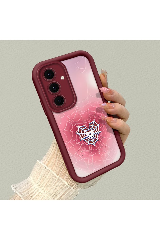 Samsung Galaxy S24 Fe Compatible Pink Gradient Heart Spider Web Pattern Silicone Case