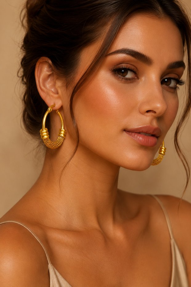 Gold Tone Chain Mesh Hoop Earrings for Women – Textured Multi-Strand Statement Hoops, Elegant Modern Fashion Jewelry