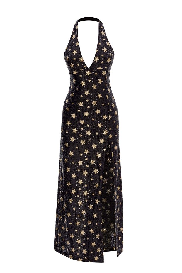 Andromeda Star Patterned Sequined Halter Evening Dress Black