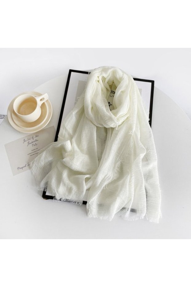 Women's cotton-linen scarf off-white 185x90cm tassel vintage.