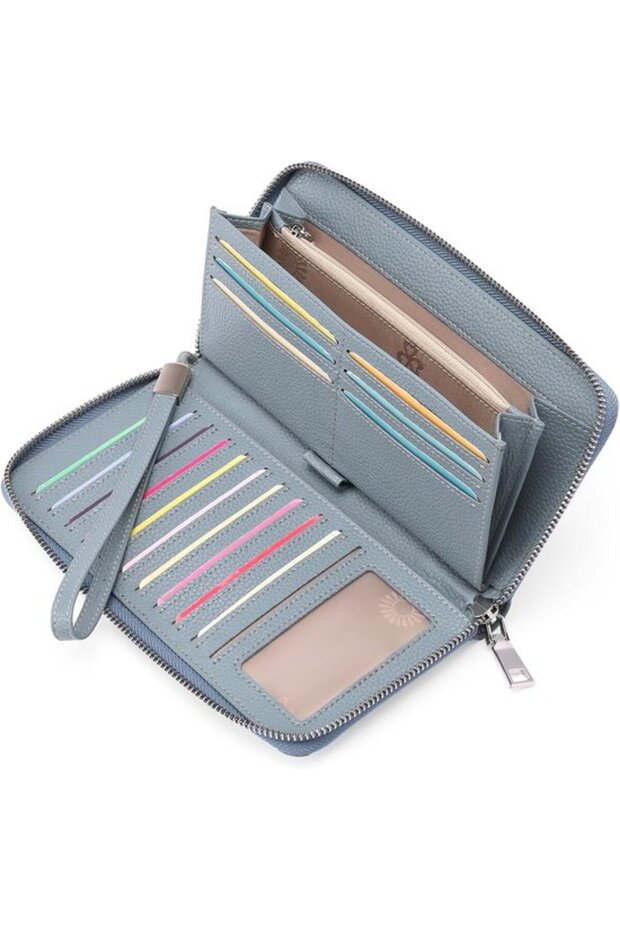 Women's large capacity RFID clutch wrist strap PU leather.