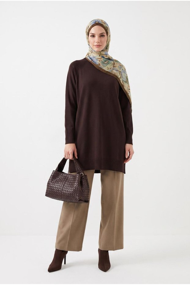Trendy Raglan Sleeve Crew Neck Ribbed Cold Yarn Knitwear Tunic