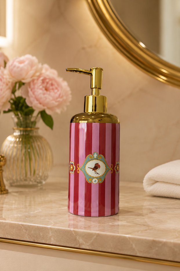 Piraye Porcelain Love Birds Liquid Soap Dispenser – Gold Color Decorative Bathroom and Kitchen Accessory - 20 X 7 cm - 500ml
