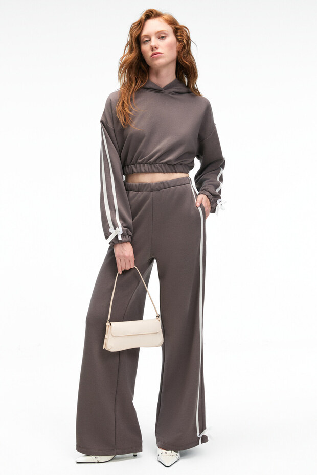 Roselle Women's Hooded Side Stripe Ribbon Detail Crop Anthracite Sweatshirt