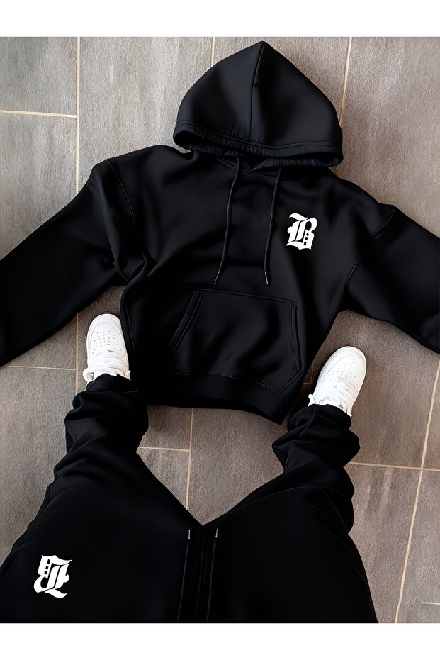 Unisex Men's Women's B Letter Printed Oversize 3 Thread Hooded Baggy Sweatpants Set