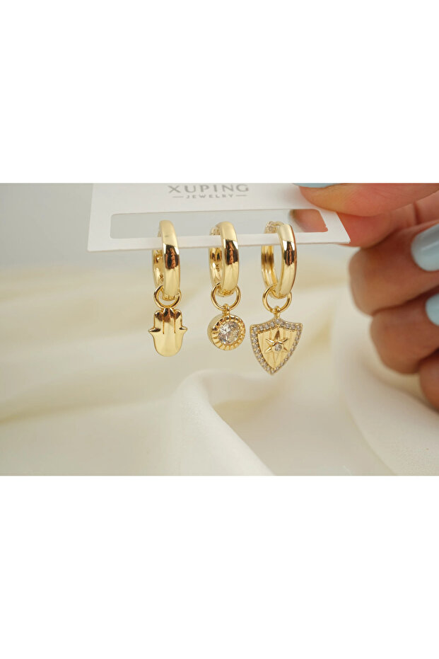 Çkp3030 Fatma Ana, Round Stone and Shield Figure Hanging 3-Piece Earring Set