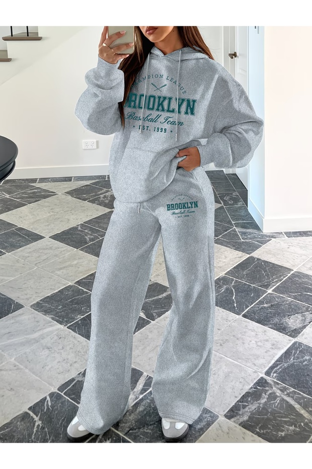 Unisex Men's Women's Brooklyn Baseball Printed Oversize 3 Thread Hooded Baggy Bottom Tracksuit Set