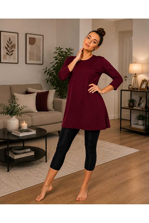 Women's Burgundy Capri Sleeve Cotton Crew Neck Combed Tunic Ysn-1