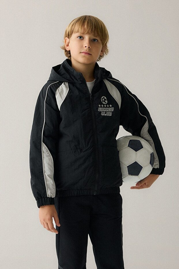 Windproof Waterproof Printed Color Block Zipper Closure Hooded Raincoat for Boys H01