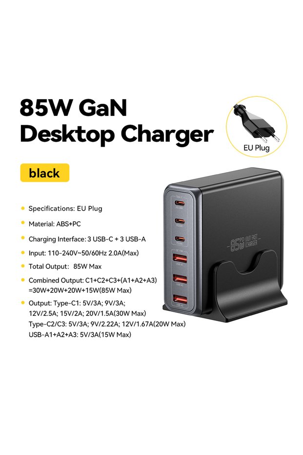 ESSAGER EU Plug Grey Essager 85W GaN USB Charger6in1 Desktop Fast Charge USB Type C Charger For iPh
