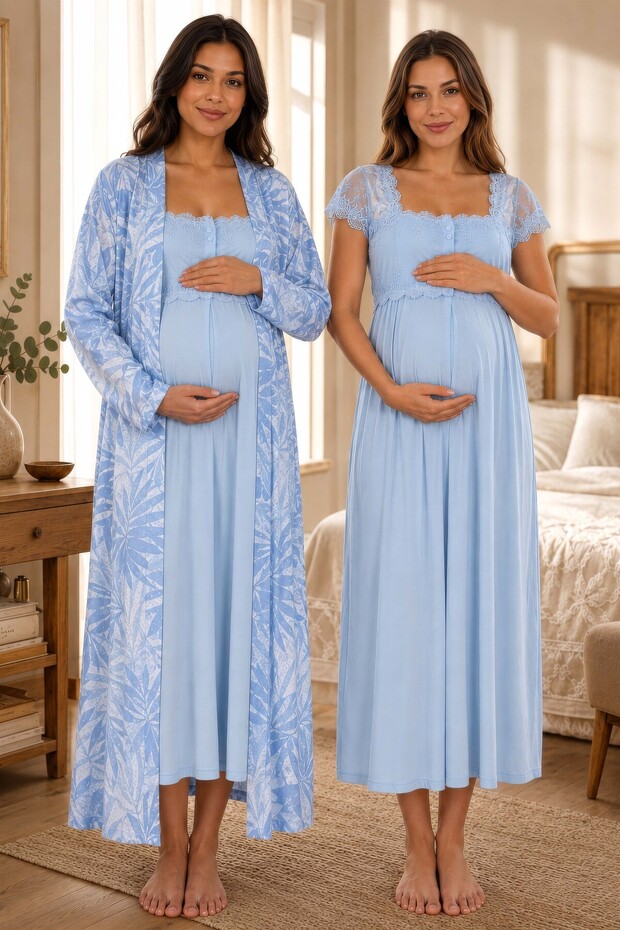 Soft Textured Patterned Maternity Nightgown Set with Robe Effortt - Blue