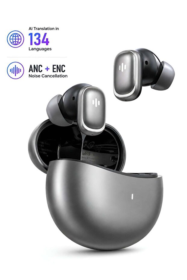AI Translator Earbuds, 134 Languages, Real-Time Translation, ANC ENC, iPhone Android, Silver