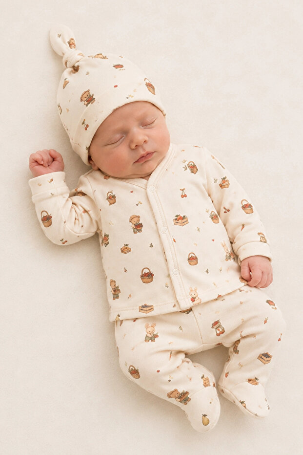 Unisex Newborn Baby Cute Farmer Themed Colorful Fruit Printed 3-Piece Set