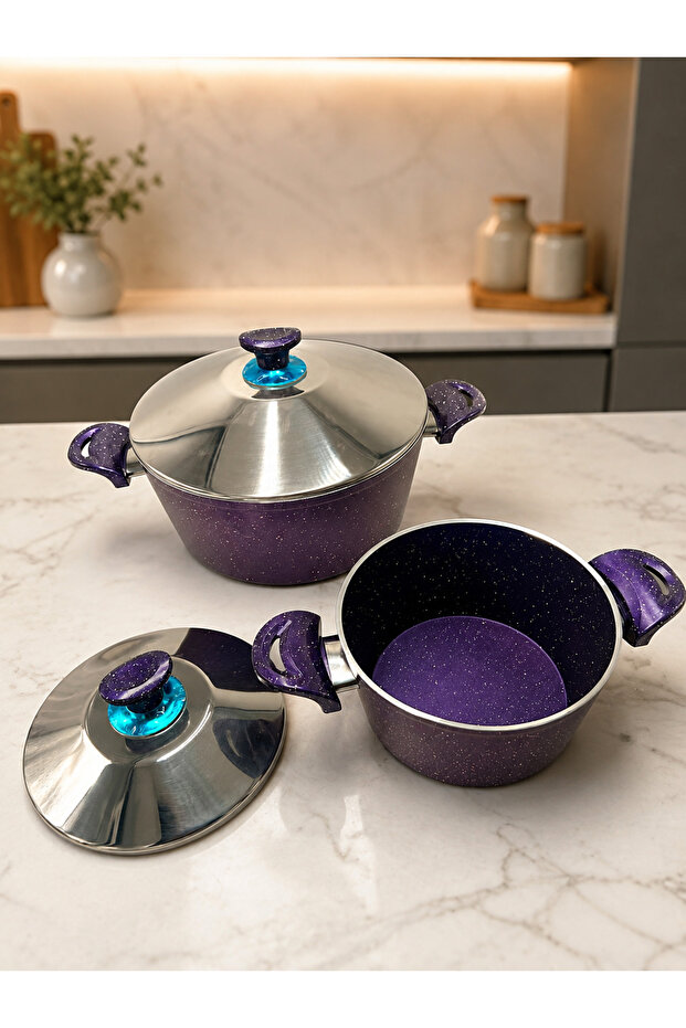 2-Piece Cast Granite 18 Cm+24 cm Deep Pot Set with Steel Lid-Purple