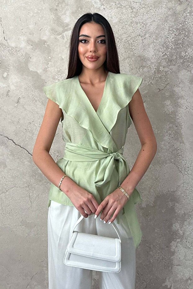 Women's Double Breasted Collar Flounce Sleeveless Belted Lyosel Blend Blouse