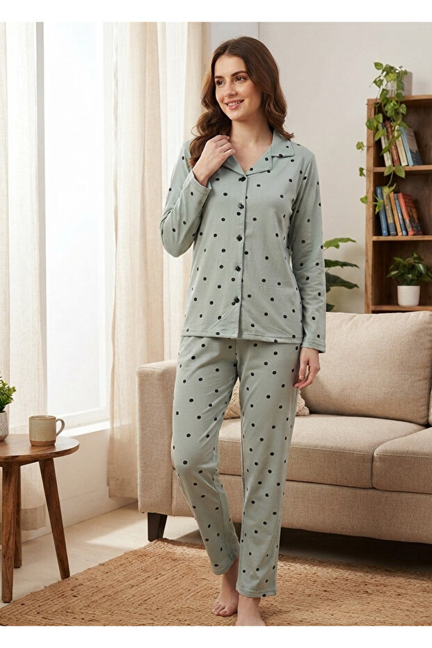 Women's Dot Patterned Front Buttoned Shirt Collared 100% Cotton Milan Pajama Set