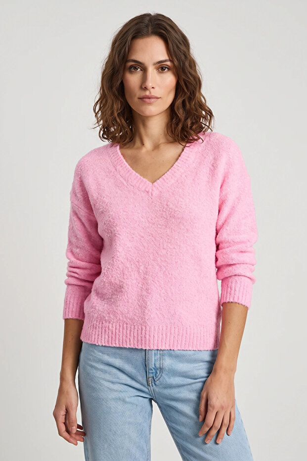 Women's Self Textured V-Neck Candy Pink Sweater