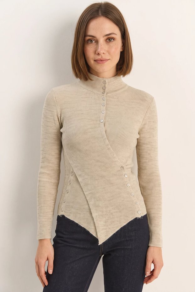 Women's High-Neck Asymmetrical Button Detailed Knitwear Mink Sweater