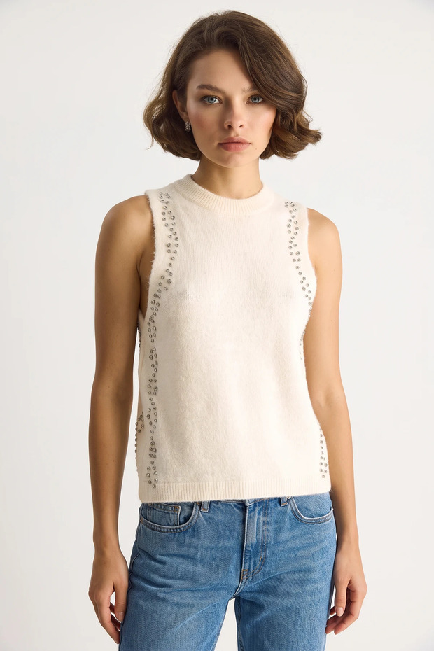 Women's Stone Embroidered Knitwear Ecru Blouse