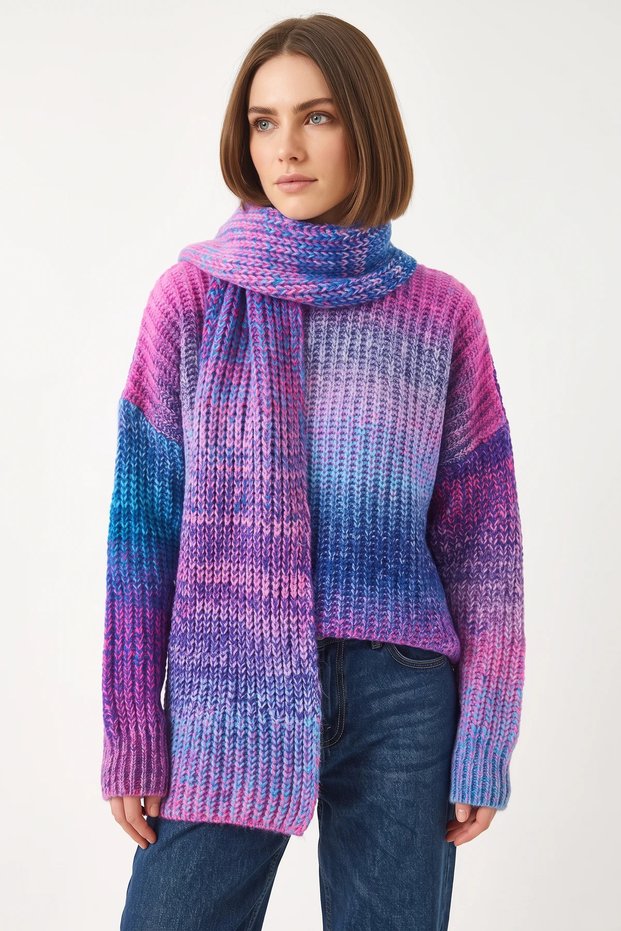 Women's Crew Neck Knitted Scarf Fuchsia Turquoise Sweater