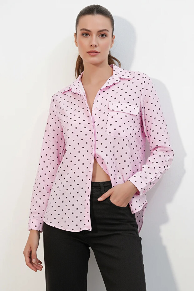 Women's Oversize Single Pocket Polka Dot Pink Shirt
