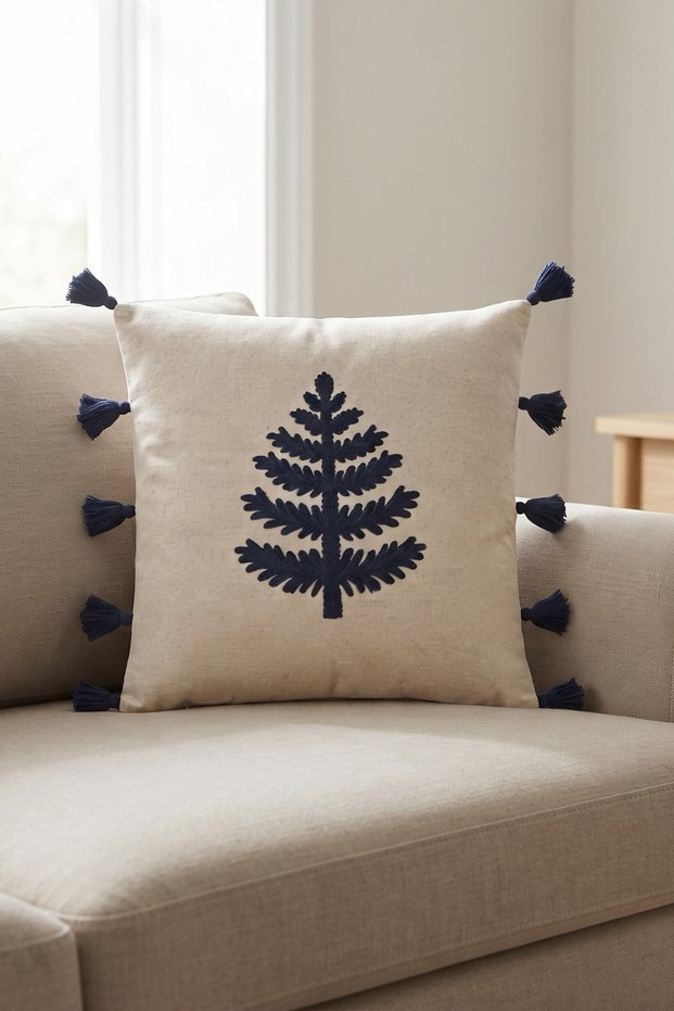 Buldan Handmade Tree Motif Embossed Punch Embroidered Tasseled Cotton Decorative Throw Pillow Cover 42X42 cm
