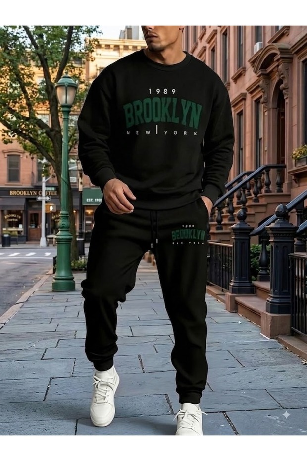 Unisex Brooklyn Printed Crew Neck Sweatshirt Set Oversize