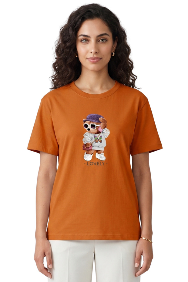 Women's Orange Lovely Teddy Bear Printed T-Shirt 100% Cotton Comfortable Fit
