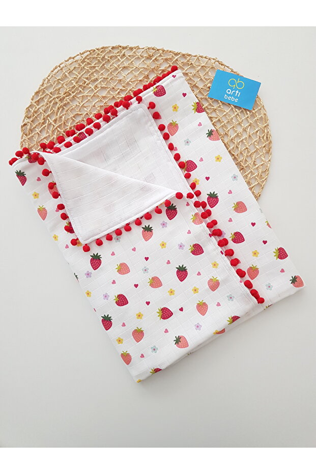 Strawberry Double Layer Muslin Blanket | 100% Cotton Muslin Fabric | Baby Swaddle, Nursing Cover
