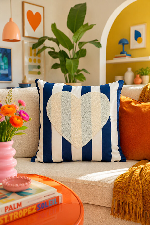 Punch Embroidered Throw Pillow Cover - 43*43 cm - Navy Blue Heart - Pnk001