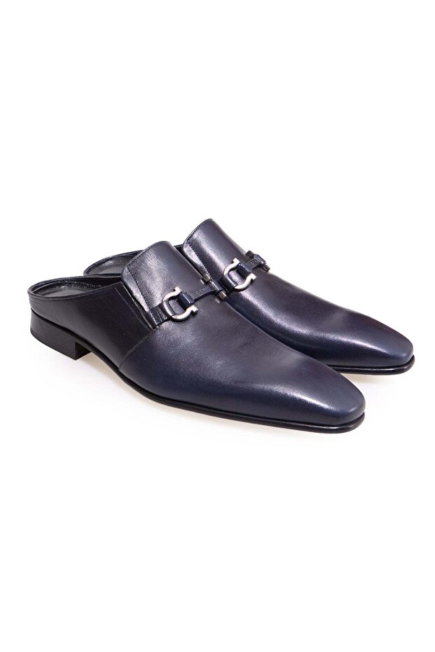 Dark Blue Color Laceless Genuine Leather Men's Half Shoes