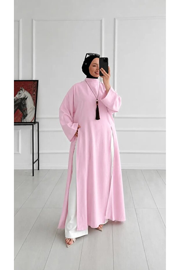 Slit Detailed Long Tunic in Light Pink
