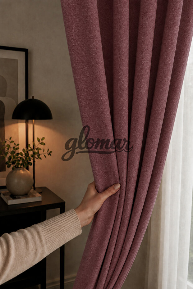 Dusty Rose Linen Background Curtain, Flat Stitching, No Pleats, Extra-Elastic, Ready-To-Use, Single Panel with Cornice.