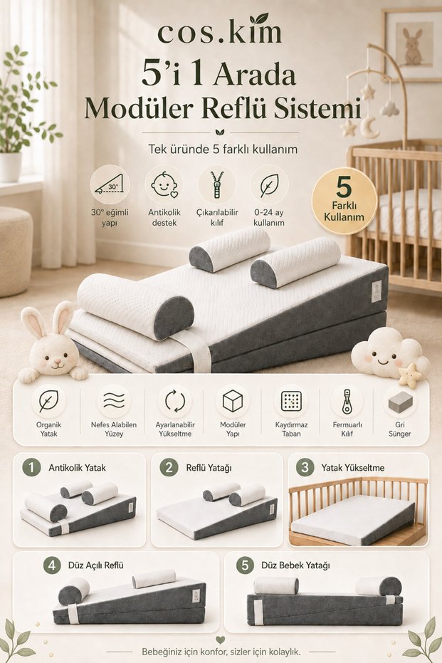 Modular Baby Bed 5 in 1 - Anti-Colic, 30 °   Inclined, Washable Cover