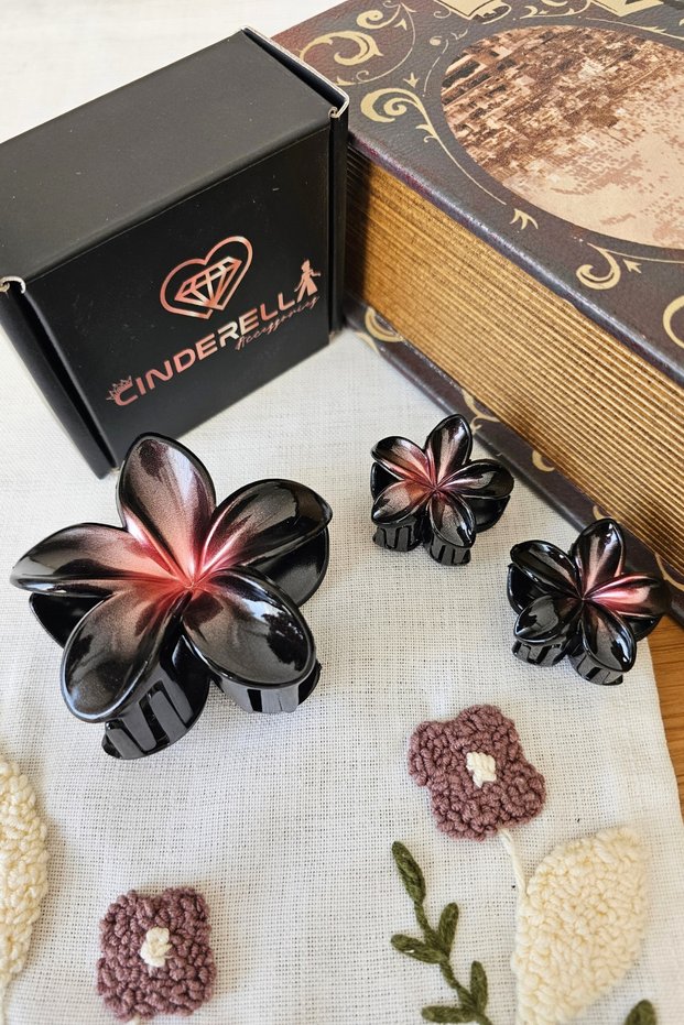 Set of 3 Black Coral Ombre Lotus Flower Hair Clips - Hawaiian Flower Hair Clips