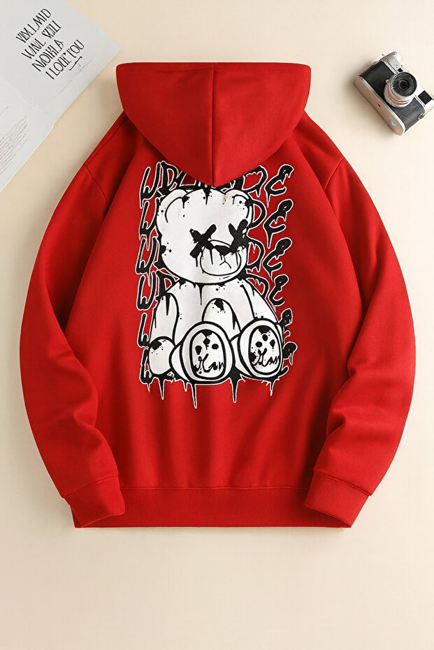 Unisex Oversize 3 Thread Yarn Kangaroo Pocket "Teddy Bear" Printed Hooded Sweatshirt