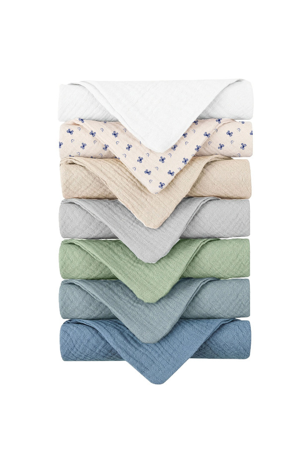 One Size blue set 7PCS Baby Muslin Burp Cloths 4-Layer Gauze Breathable Soft Infant Face Towels Anti