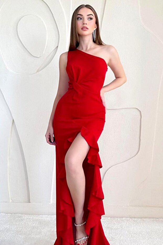 Red Slit Flounce Dress