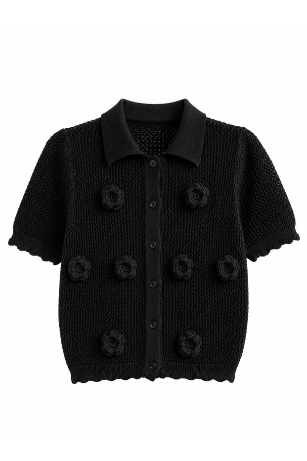 Fleur Floral Appliqué Knitwear Cardigan Women's Black