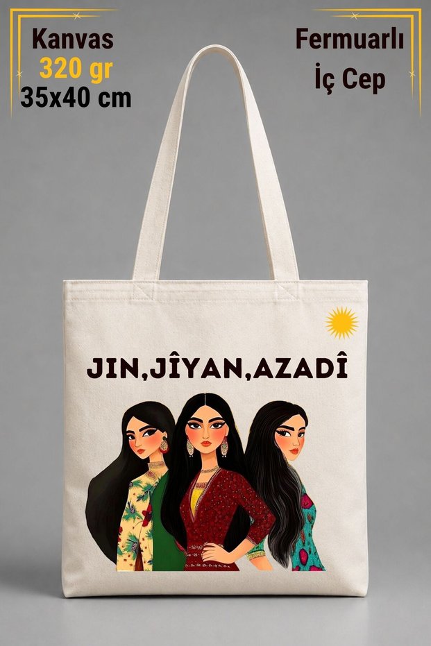 Jin Jiyan Azadi Written Regional Women's Design Canvas Bag with Inner Pocket in Raw Color 320 Gr | 100% Cotton